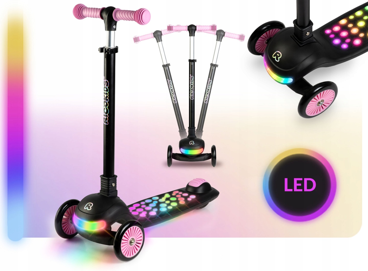 Ricokids Glowi skrejritenis melni rozā krāsā ar LED pamatni un regulējamu stūri uz gaiša fona