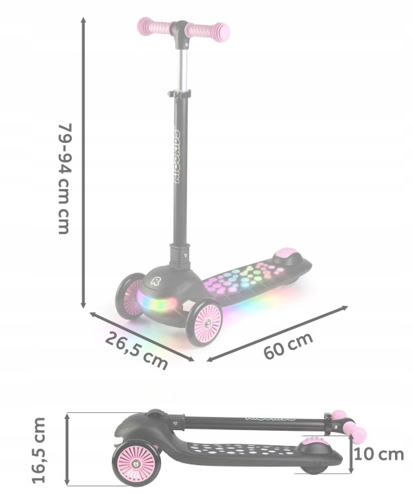 Bērnu skrejritenis ar norādītu 60 cm garumu, 26,5 cm platumu un 16,5 cm salocītu augstumu