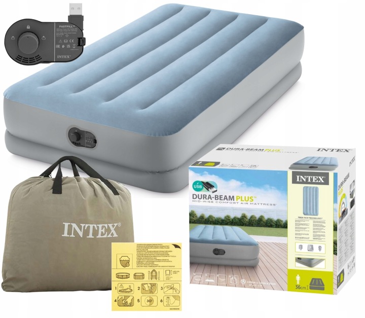 Intex piepūšamais matracis ar USB sūkni, soma, remonta ielāps un iepakojuma kaste