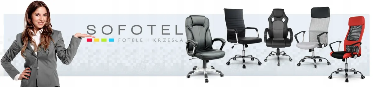 Sofotel biroja krēslu sērijas reklāmas ar vairākiem grozāmiem krēsliem un zīmola logotipu