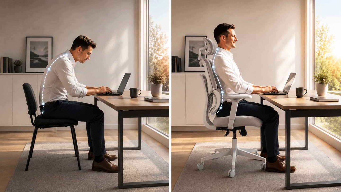 Salīdzinājums ar neērtu un ergonomisku sēdēšanas pozu pie rakstāmgalda, redzams Sofotel Talin biroja krēsls