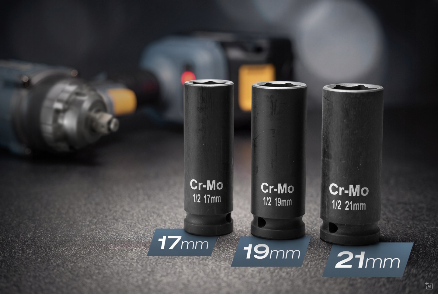 Trīs Cr-Mo dziļās uzgaļnītes 17 mm, 19 mm un 21 mm blakus triecienatslēgai uz darba virsmas