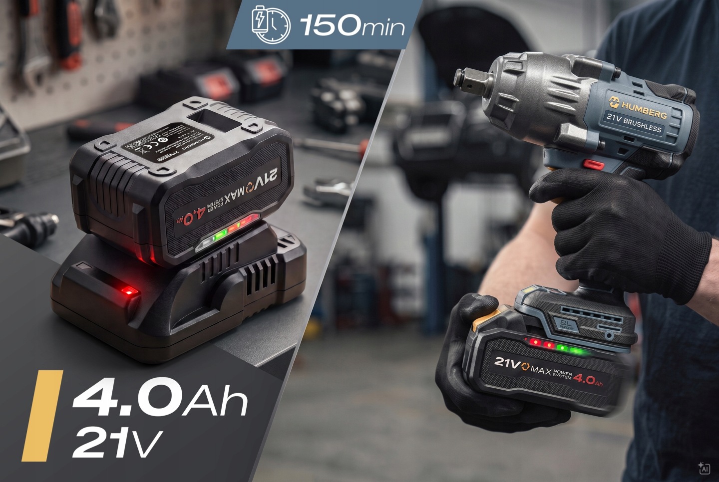 Humberg HM-442 komplektā redzams 4,0 Ah akumulators lādētājā un instruments rokā ar uzlādes indikatoru