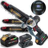 Humberg akumulatora ķēdes zāģis ar 10" un 8" vadotnēm, akumulatoru un uzlādes indikatoru tuvplānā