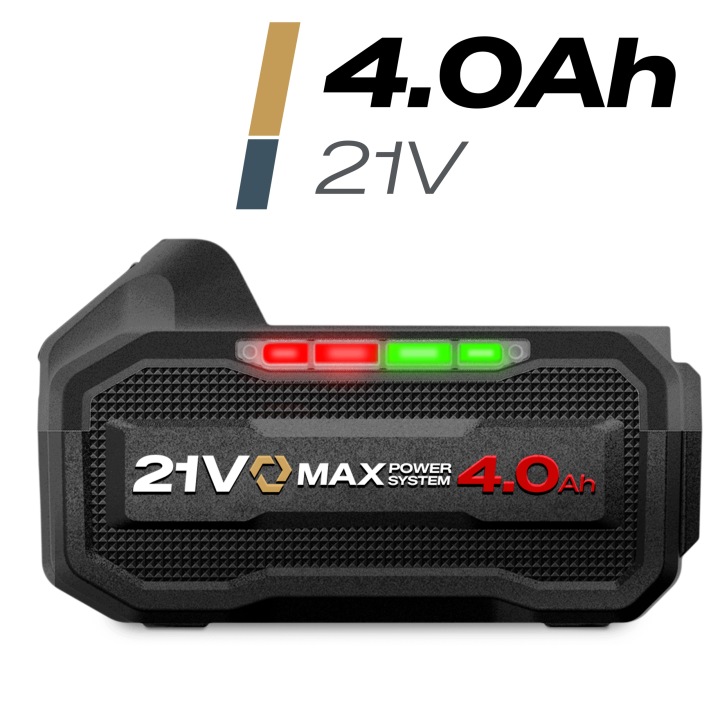 21 V 4,0 Ah akumulators ar uzlādes līmeņa LED indikatoru un markējumu tuvplānā
