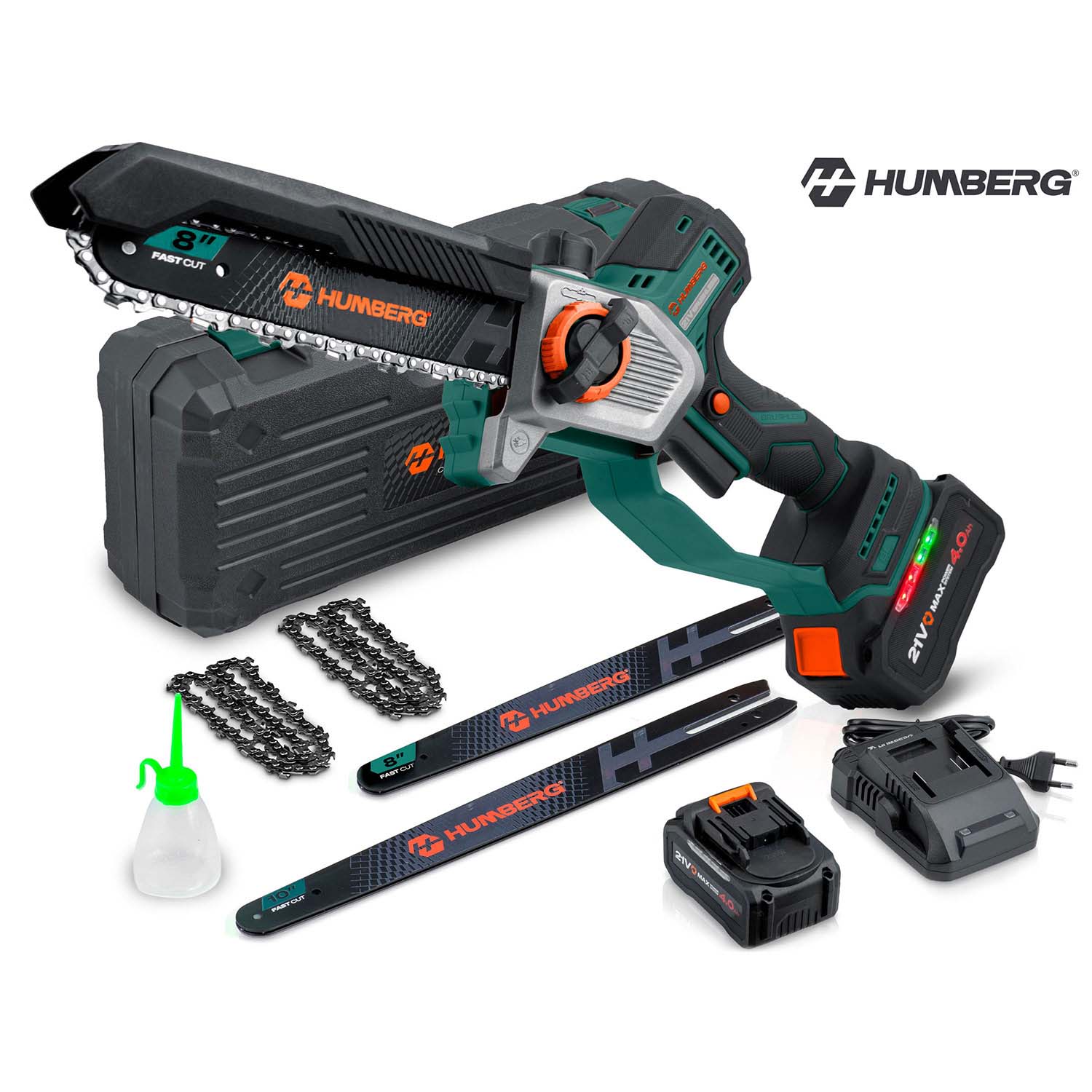 Humberg HM-437 pilns komplekts uz balta fona ar koferi, sliedēm, ķēdēm, akumulatoru un lādētāju