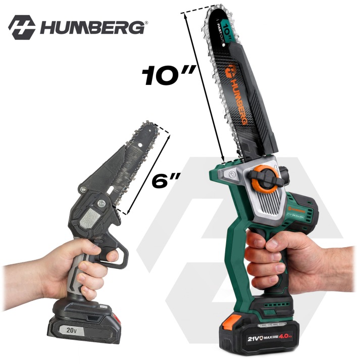 Humberg HM-437 akumulatora zāģis vertikālā skatā ar 10" un 8" sliežu salīdzinājumu