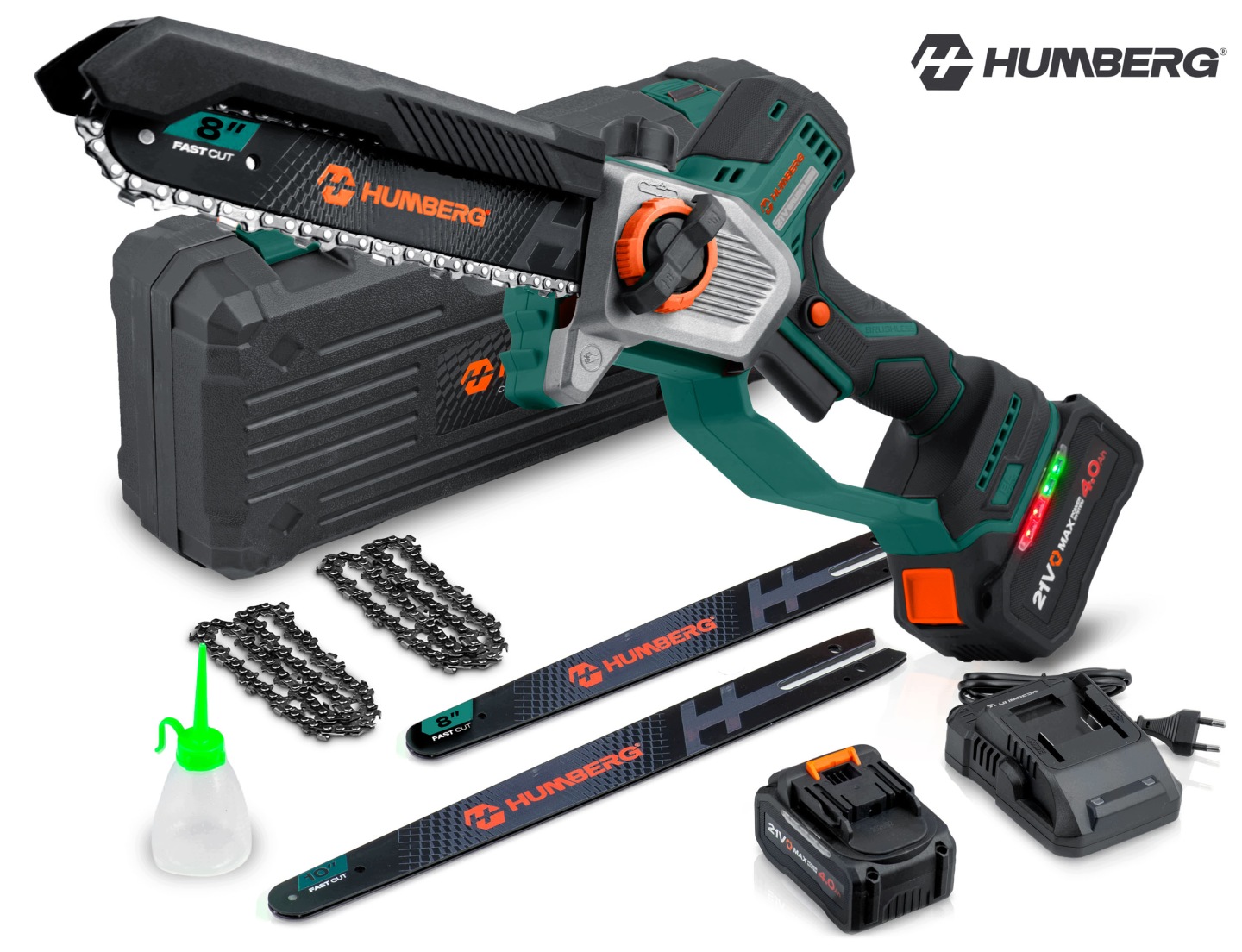 Humberg HM-437 akumulatora ķēdes zāģis ar koferi, 8" un 10" sliedēm, ķēdēm, akumulatoru un lādētāju uz balta fona