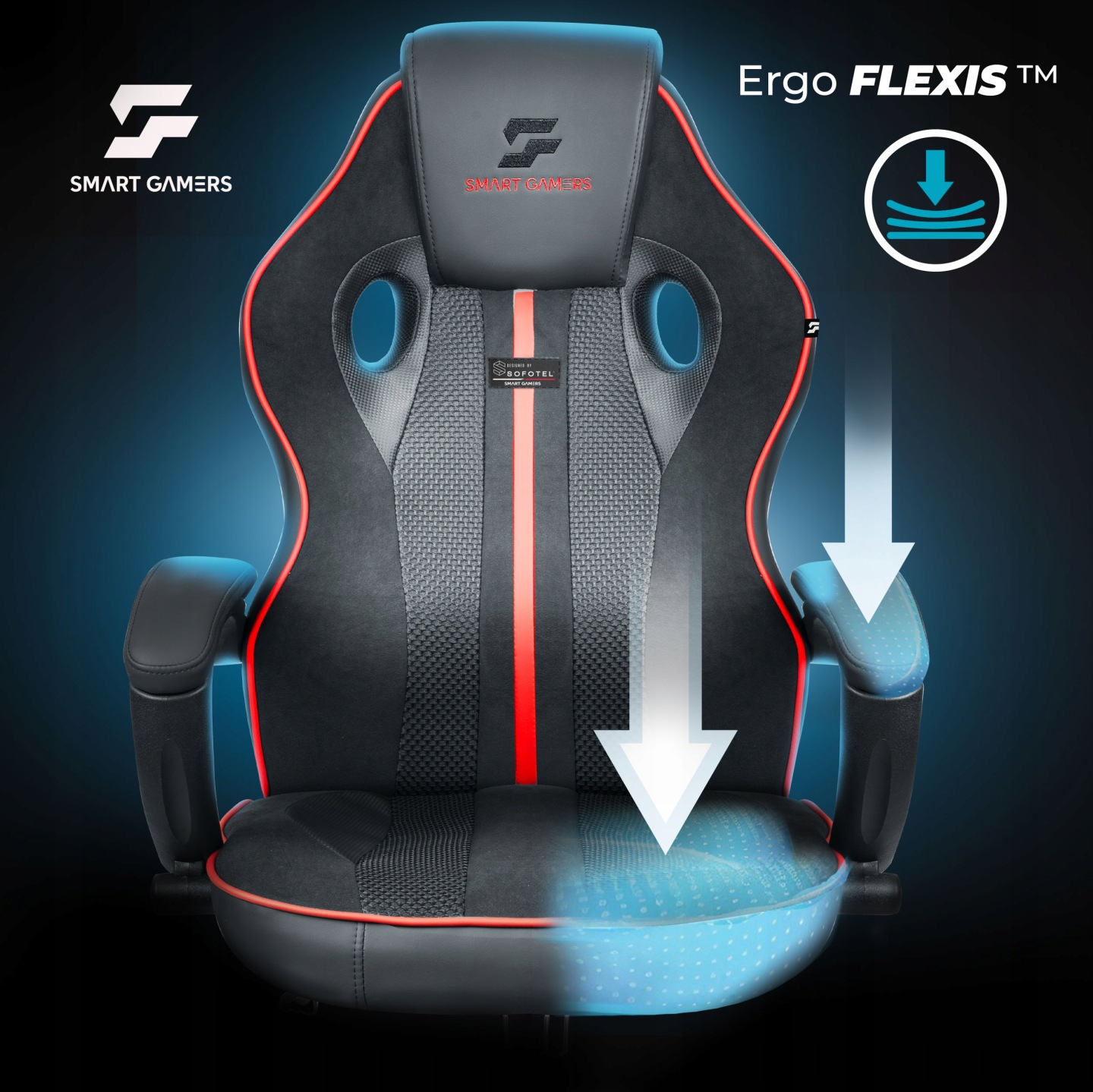 Gaminga krēsla atzveltne priekšskatā ar Ergo FLEXIS atbalsta grafiku
