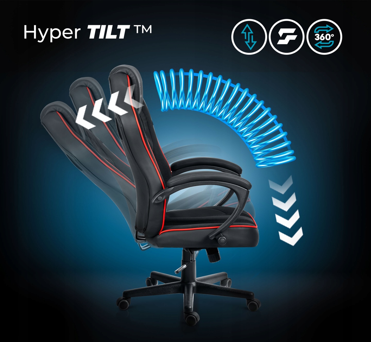 Gaminga krēsls sānskatā ar Hyper TILT šūpošanās mehānisma grafisku attēlojumu