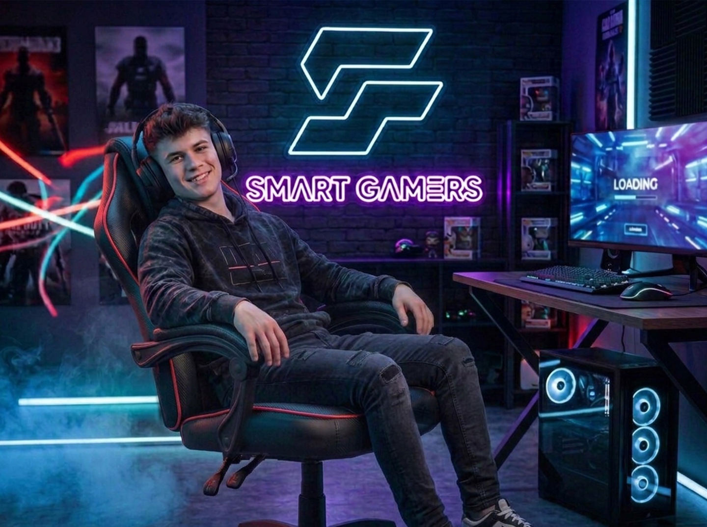 Gaminga krēsls lietošanas vidē pie galda ar monitoriem un klaviatūru
