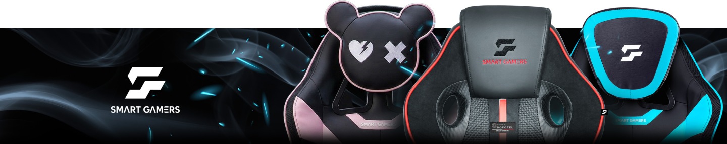 Gaminga krēsls ar Smart Gamers zīmola grafisku kolāžu un vairākām krāsu versijām