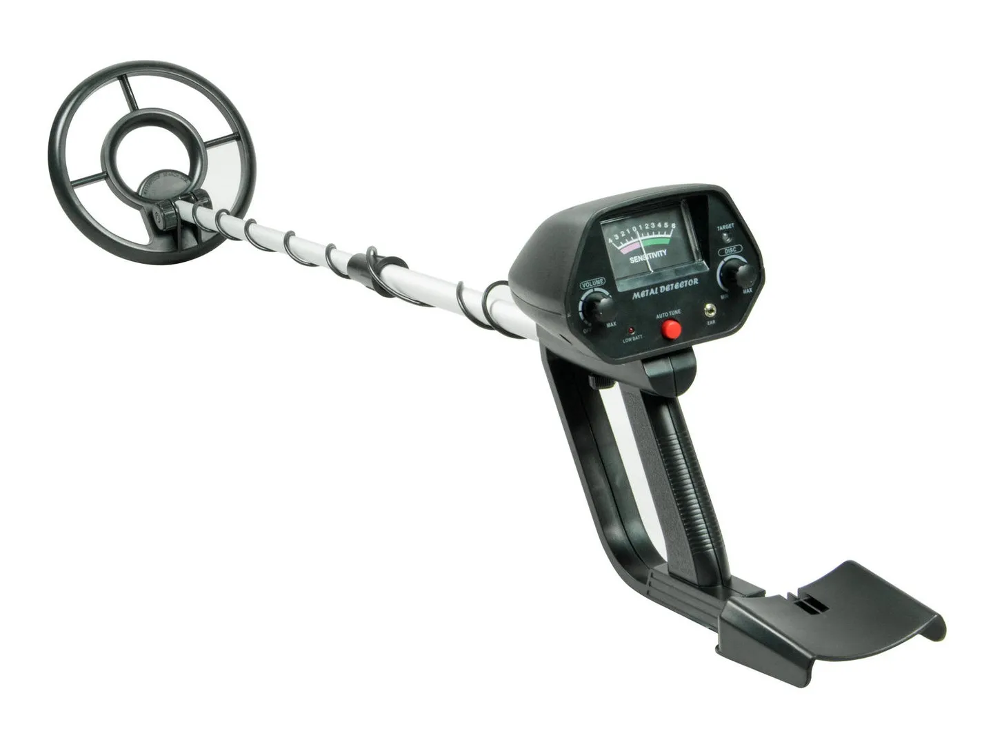 Cobra Tector CT-1062 metāla detektors frontālā skatā ar apaļu zondi un balsta rokturi