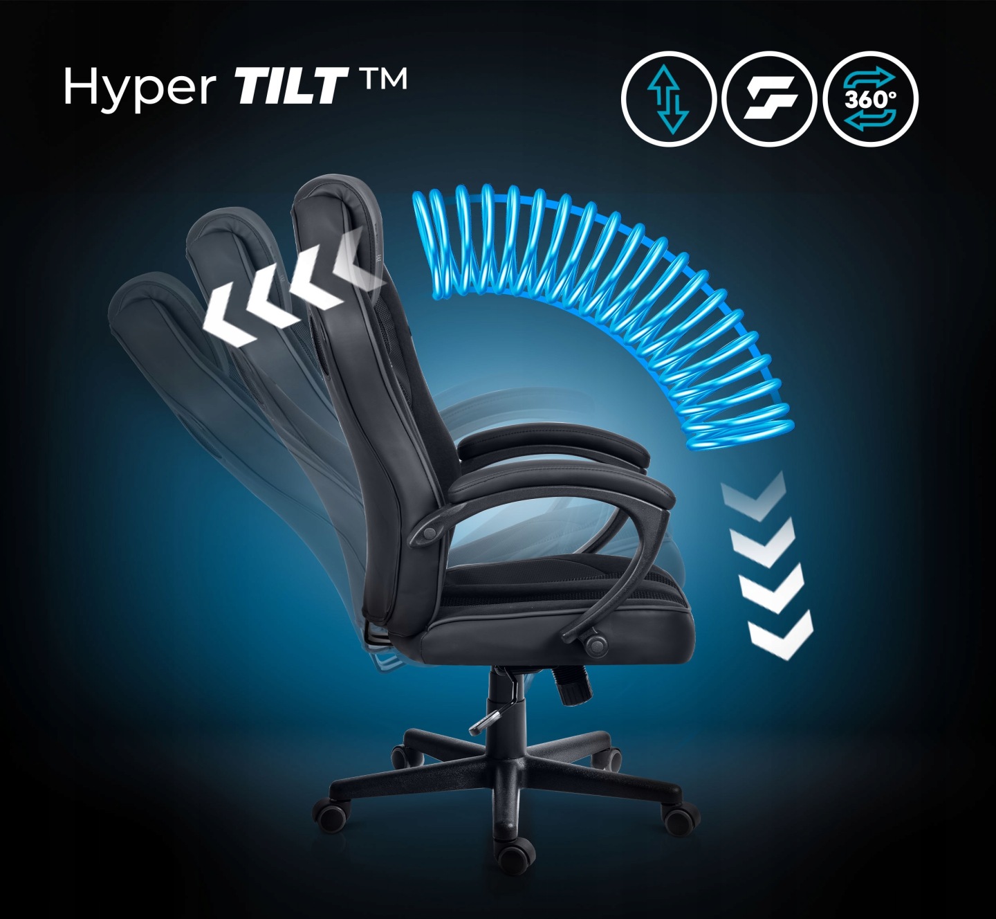Gaminga krēsla Sofotel Master sānskats ar Hyper TILT šūpošanās mehānisma ilustrāciju