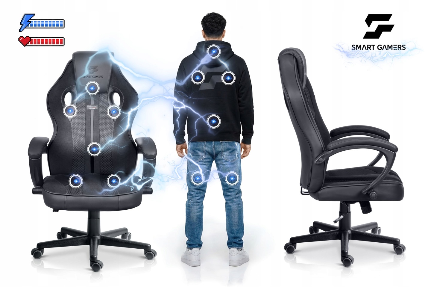 Gaminga krēsla muguras atbalsta zonas ilustrācija ar izceltiem spiediena punktiem un ergonomisku sēdpozīciju