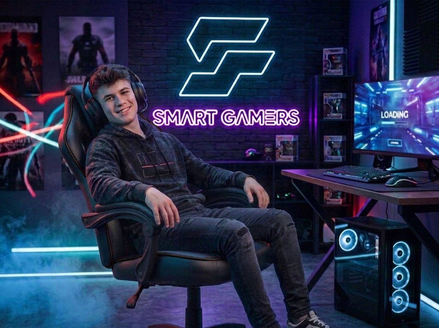Cilvēks sēž tumšā spēļu istabā uz gaminga krēsla pie galda ar monitoru