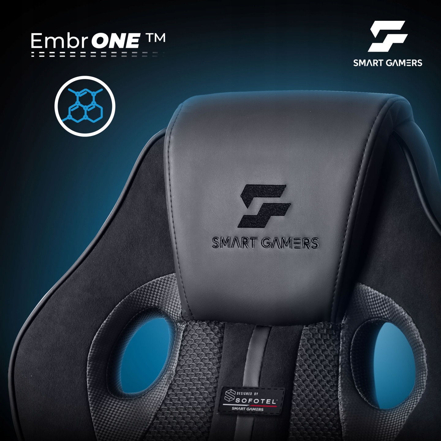 Sofotel Master galvas balsta tuvplāns ar EmbrONE apdari un Smart Gamers logotipu
