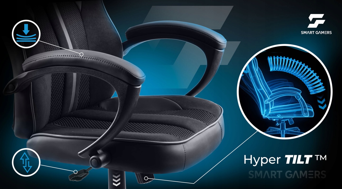 Gaminga krēsla roku balsta un sēdekļa sānskats ar Hyper TILT mehānisma shēmu
