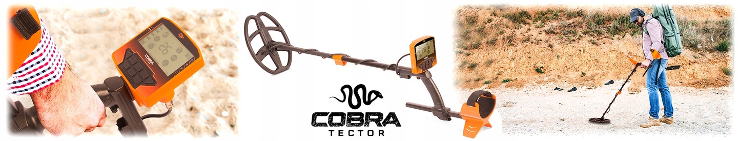 Cobra Tector Rush metāla detektors ar rokturi, vadības bloku un DD spoli balta fona kompozīcijā