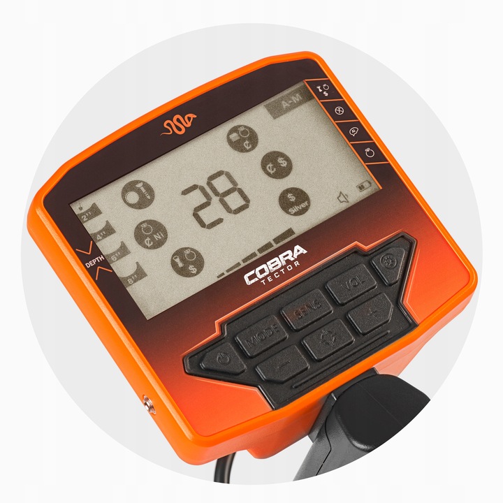 Metāla detektora Cobra Tector Rush LCD vadības panelis ar mērķa ID ikonām un režīmu indikatoriem