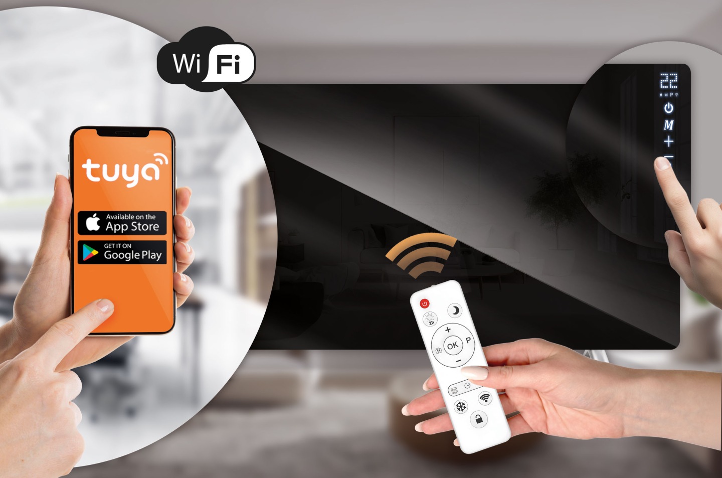 Infrasarkanais sildītājs ar Tuya Smart lietotni telefonā un pieskārienu pie vadības paneļa, kas rāda Wi‑Fi vadību
