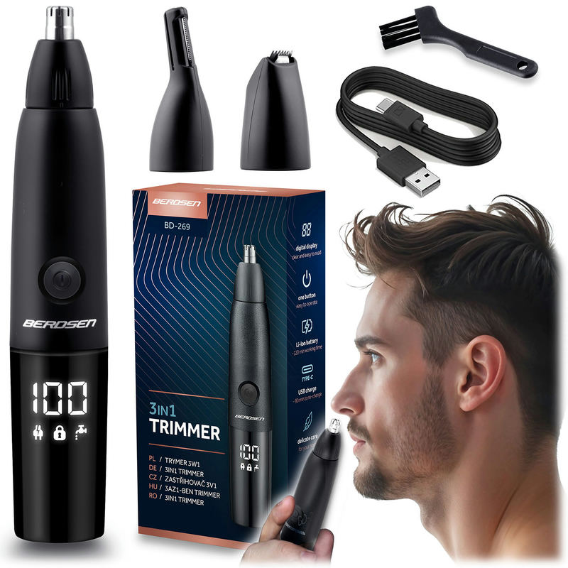 Berdsen BD-269 trimmeris kopā ar 3 galviņām, USB-C kabeli, tīrīšanas birstīti un iepakojumu