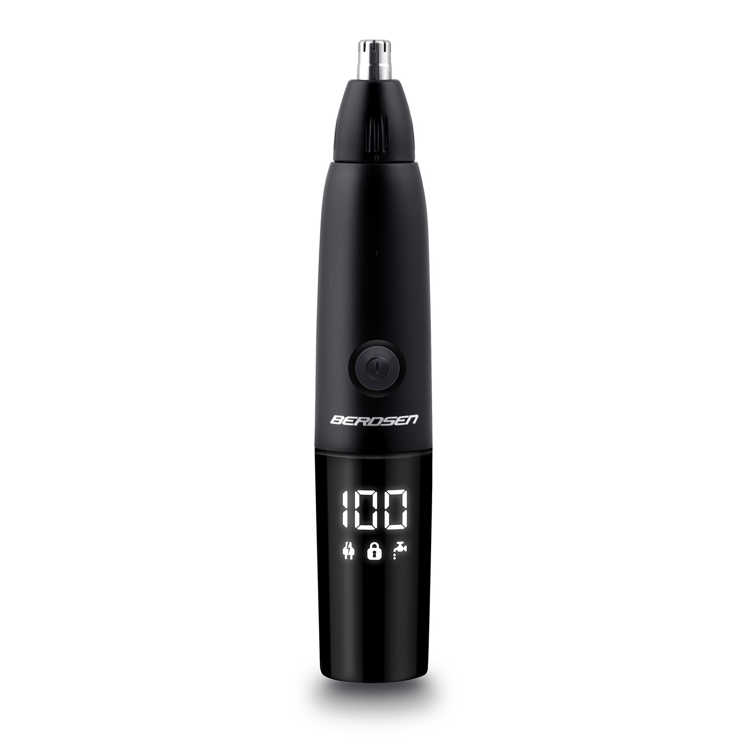 Melns Berdsen BD-269 trimmeris pilnā augumā uz balta fona ar redzamu LCD displeju