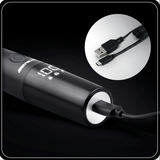 Berdsen BD-269 trimmeris ar USB-C kabeli tuvplānā uz tumša fona