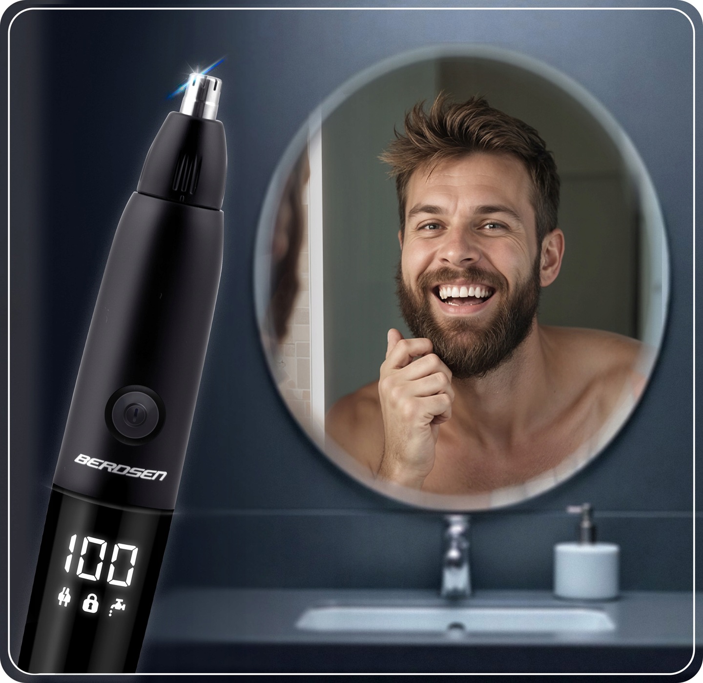 Berdsen BD-269 trimmeris blakus vannas istabas spogulim, redzama ierīce un LCD displejs lietošanas ainā