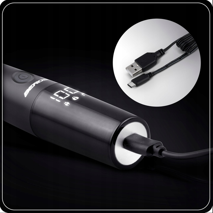 Berdsen BD-269 trimmeris ar pievienotu USB-C kabeli un tuvplānā redzamu uzlādes pieslēgumu