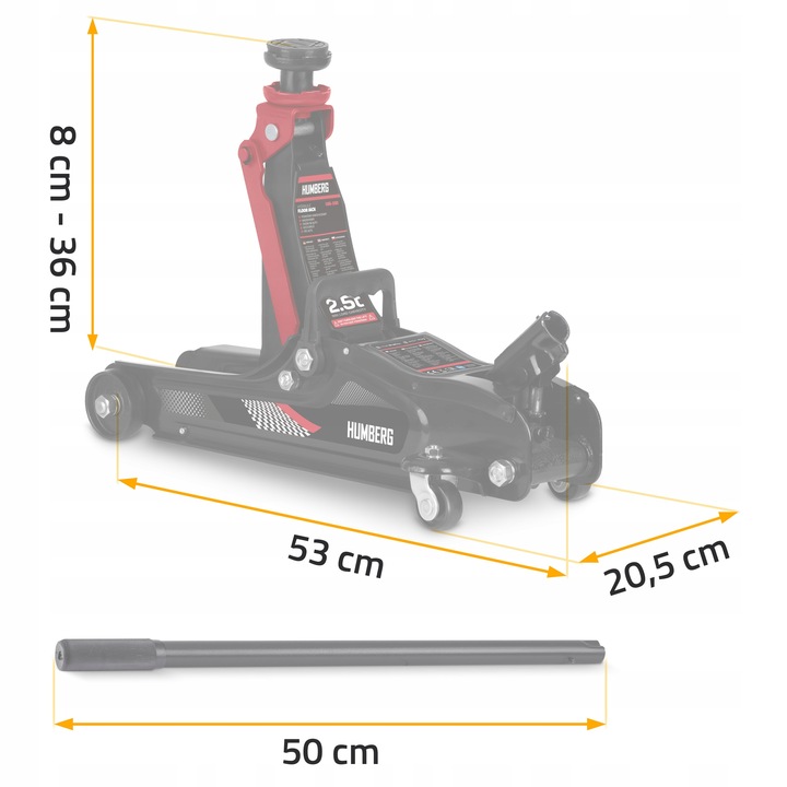 Humberg HM-380 pacēlāja izmēru shēma ar 53 cm, 20,5 cm un 50 cm sviru
