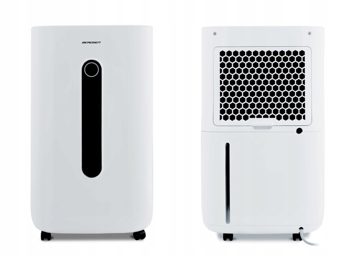 Berdsen BD-523 gaisa sausinātāja priekšpuse un aizmugure ar ventilācijas režģi un ūdens novadi