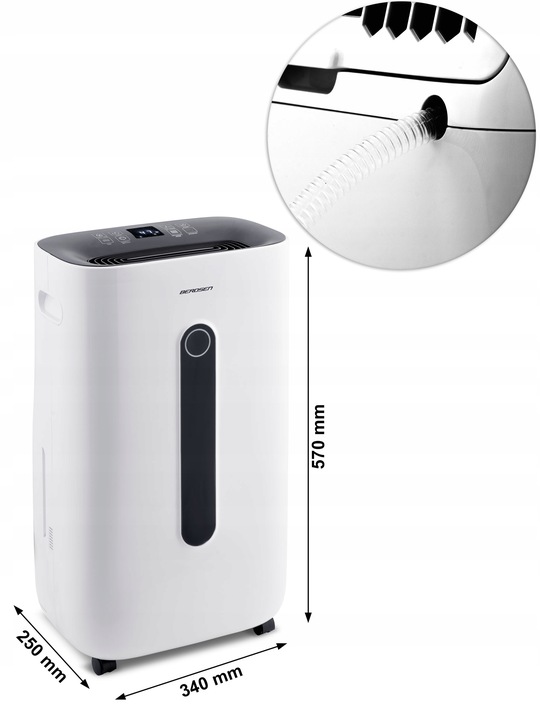 Berdsen BD-523 gaisa sausinātājs ar norādītiem izmēriem 340 mm, 250 mm un 570 mm, kā arī šļūtenes savienojumu