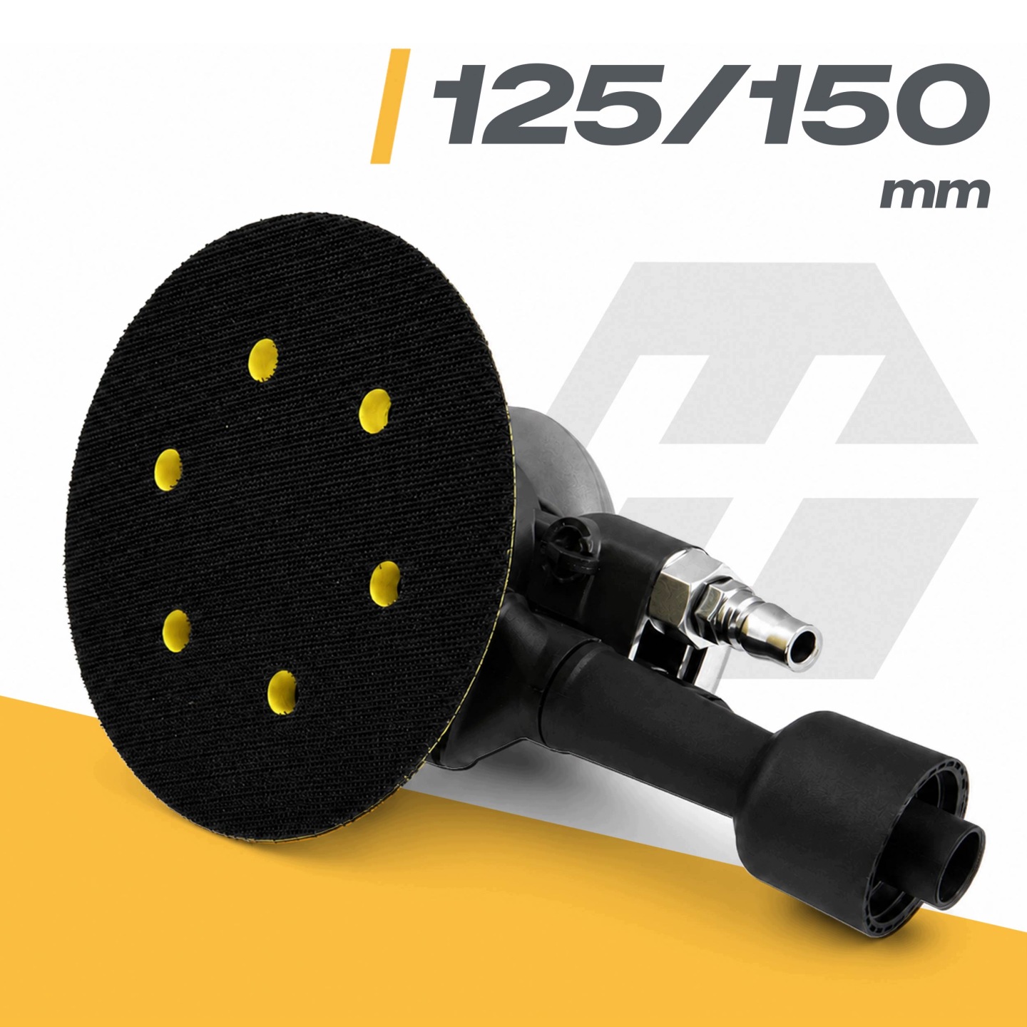 Ekscentriskās slīpmašīnas darba pamatne ar 125/150 mm izmēra norādi un perforētu slīpēšanas disku