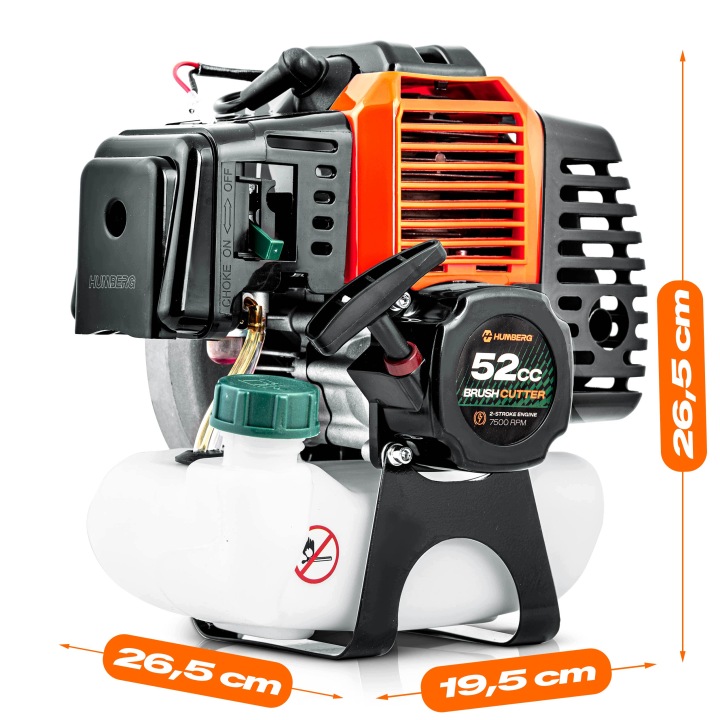Humberg 52 cm³ benzīna dzinējs trimmerim ar izmēru atzīmēm 26,5 cm, 19,5 cm un 26,5 cm augstumu