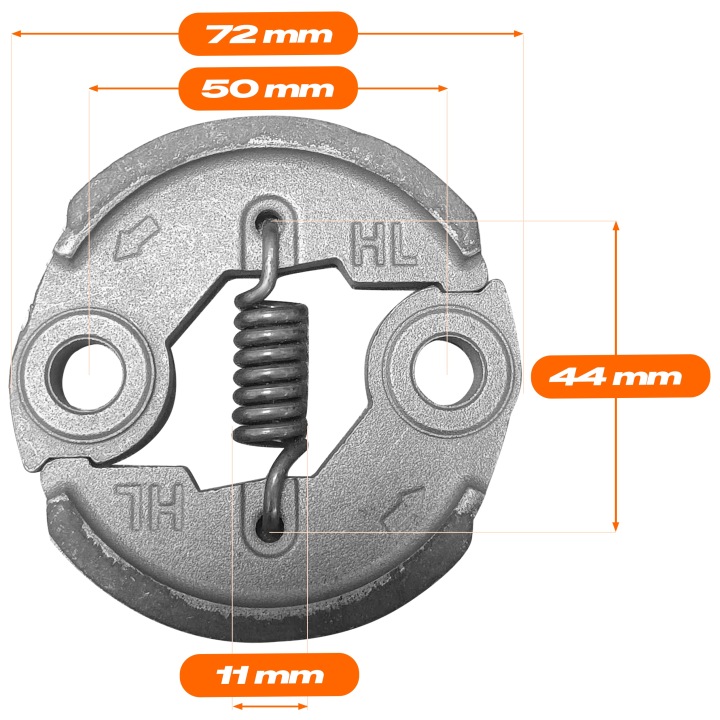 Trimmera dzinēja sajūga kurpes metāla detaļa ar izmēriem 72 mm, 50 mm, 44 mm un 11 mm