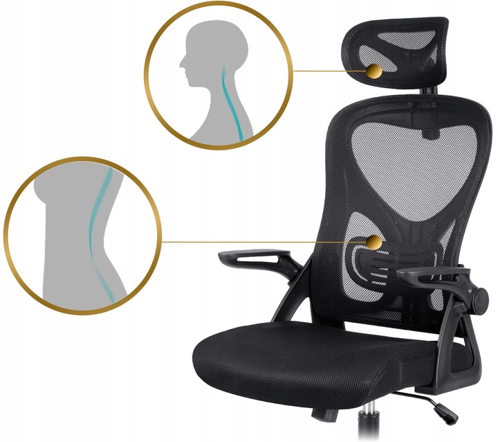 Ergonomisks melns biroja krēsls ar izceltiem jostas daļas un galvas balsta punktiem