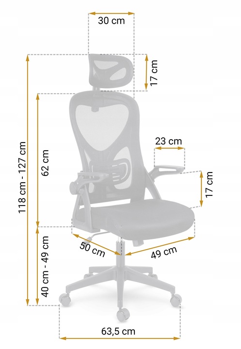 Biroja krēsla izmēru shēma ar norādītiem centimetriem