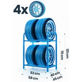 Zila riepu statīva vizualizācija ar 4 riepām un izmēru atzīmēm 58 cm, 45 cm un 121 cm