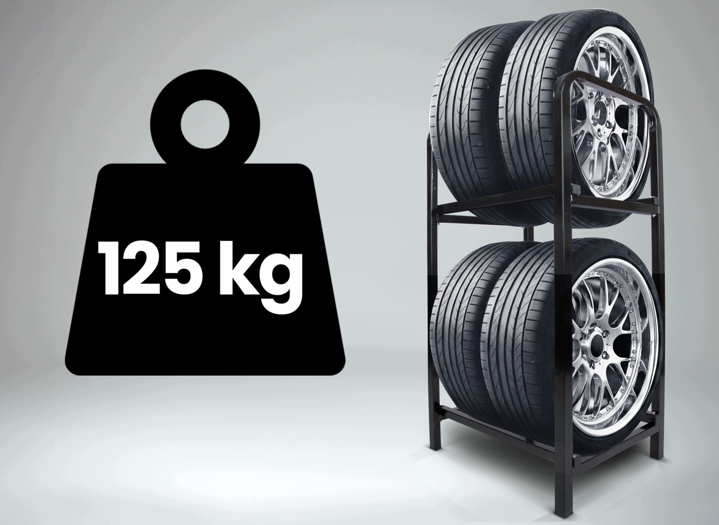 Metāla riepu statīvs ar četriem riteņiem un slodzes ikonu 125 kg, skats no priekšas