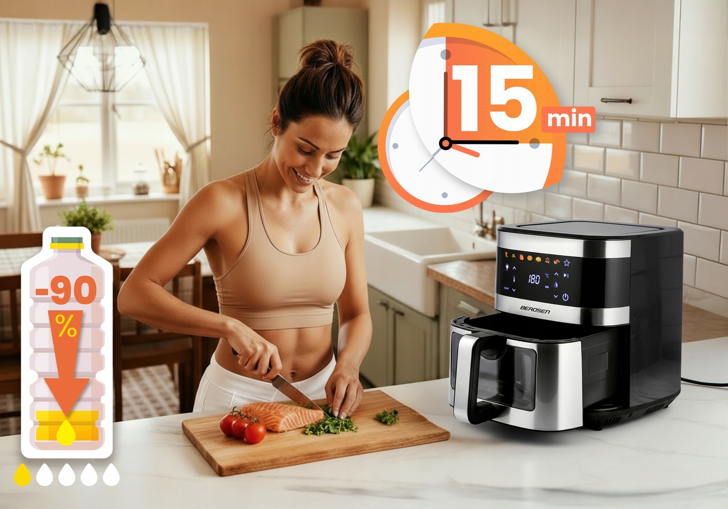 Berdsen BD-656 fritēze uz virtuves fona ar 15 min taimeri un 90% tauku samazinājuma zīmi