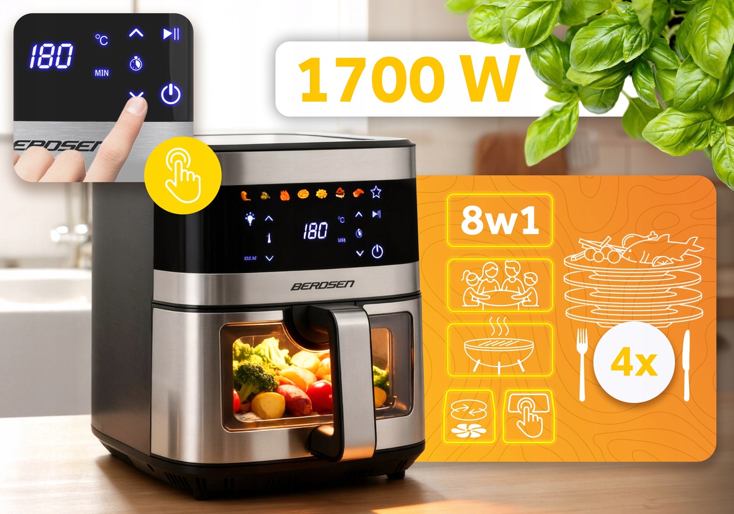 Berdsen BD-656 fritēzes skārienpanelis ar 1700 W norādi, atvērtu skatlogu un gataviem dārzeņiem