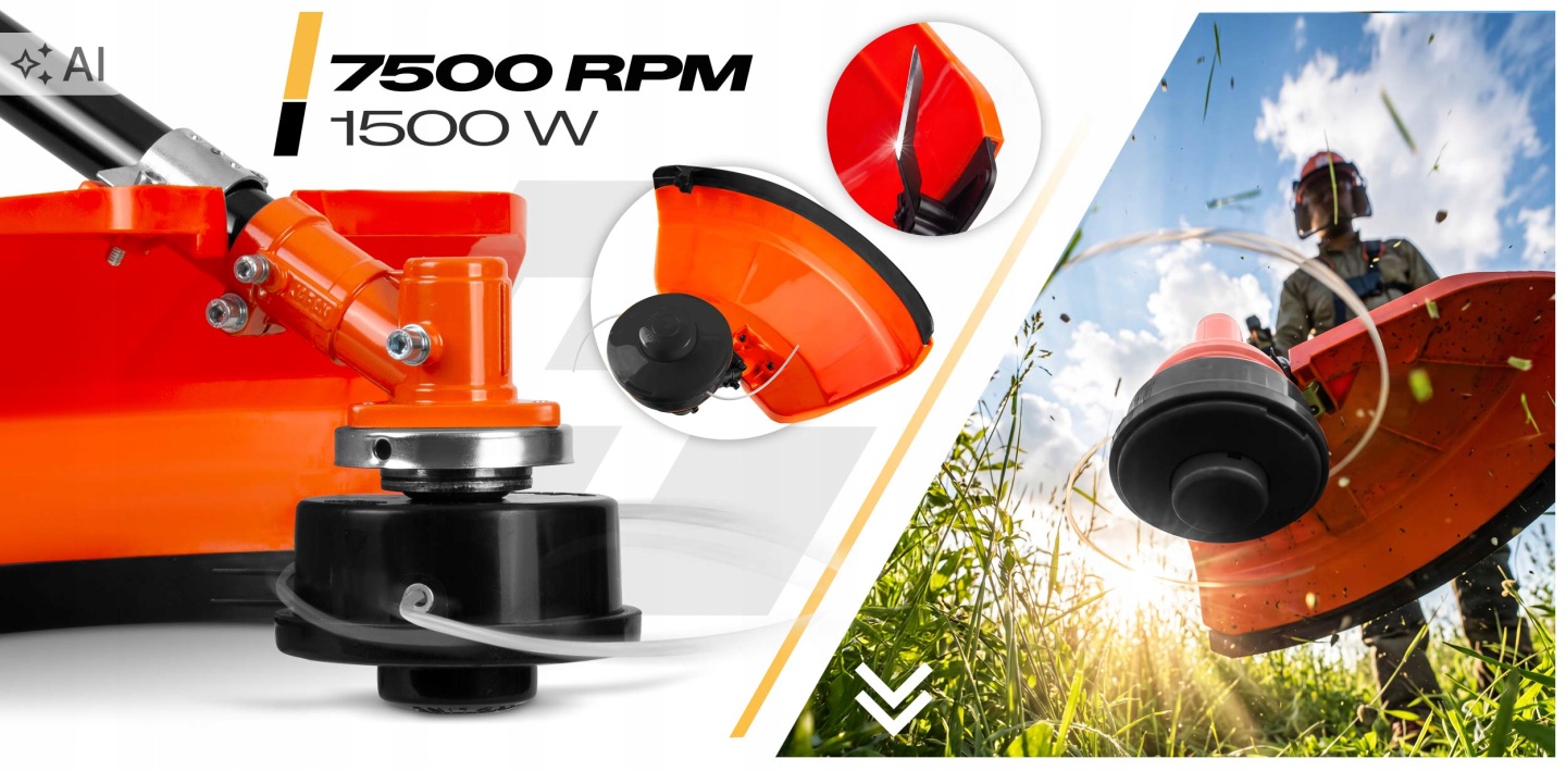 Krūmgrieža griešanas galva un oranžais aizsargs ar uzrakstu 1500 W un 7500 RPM, tuvplāns darbības laikā