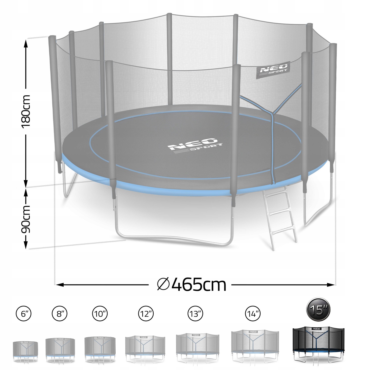 Batuta sānskats ar redzamu 180 cm tīkla augstumu, 90 cm konstrukcijas augstumu un 465 cm diametru