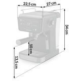 Kafijas automāta izmēru ar 22,5 cm, 27 cm, 34 cm, 13,5 cm un 10 cm atzīmēm