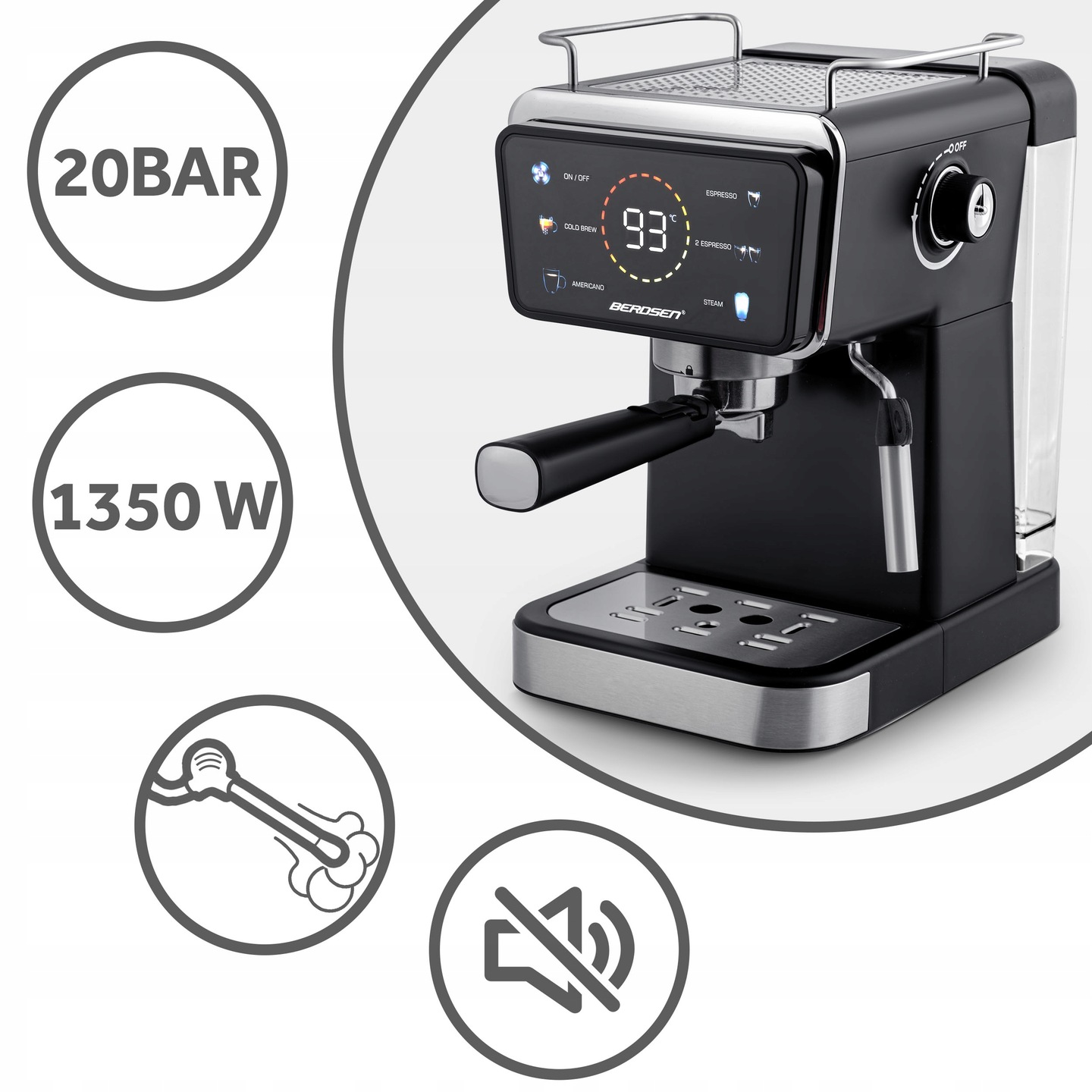 Berdsen BD-771 kafijas automāts no priekšpuses ar uzsvariem uz 20 bar un 1350 W