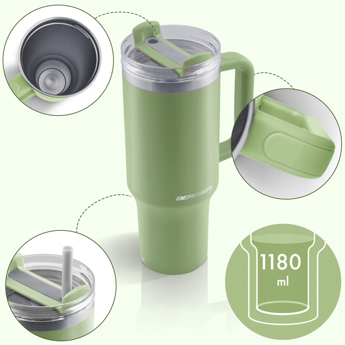 Zaļas termokrūzes vāka un roktura detaļu tuvplāns ar salmiņa atveri un 1180 ml marķējumu