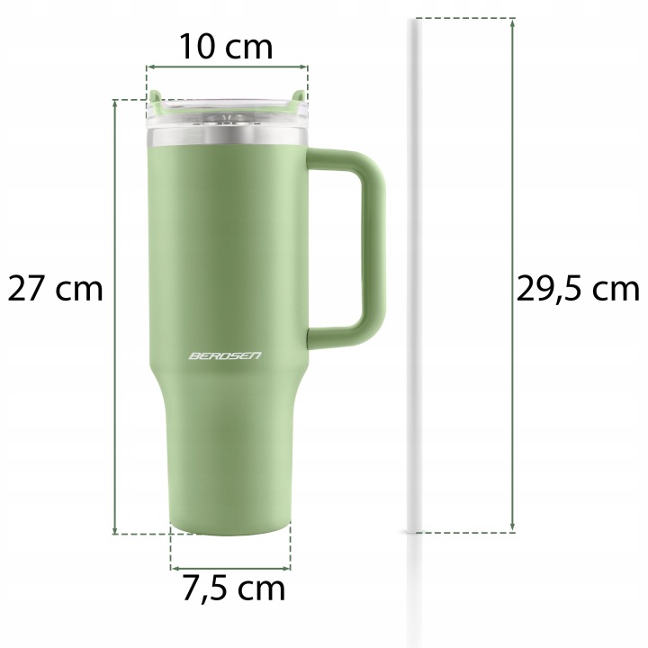Zaļa termokrūze ar salmiņu un izmēru atzīmēm: 27 cm, 29,5 cm, 10 cm un 7,5 cm