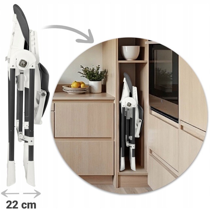 Salocīts Nukido Elite krēsliņš ar norādi uz 22 cm platumu un uzglabāšanu skapī