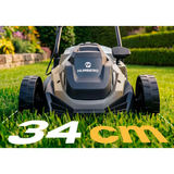 Humberg HM-612 zāles pļāvēja priekšpuse uz zāliena ar 34 cm griešanas platuma norādi